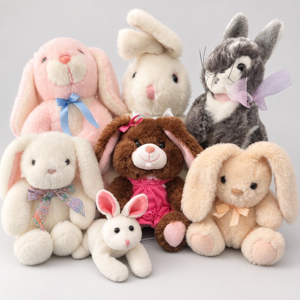 Easter Bunny Plush Lot of 7 Stuffed Animal Rabbits Pink Brown White Grey Mixed